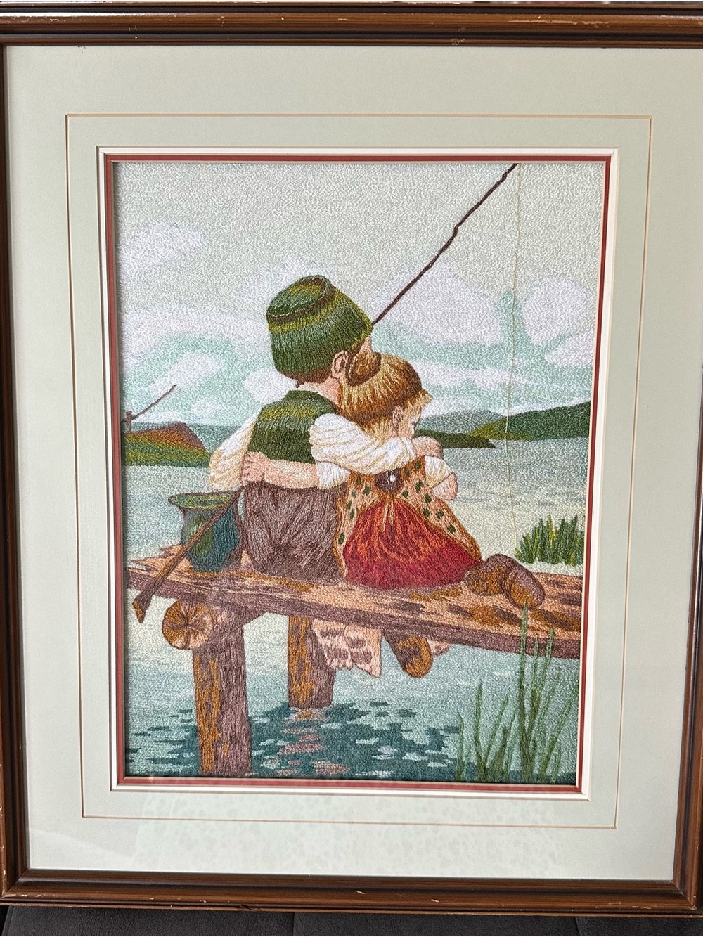 Vintage bunka Nakayoshi Fishing Friends framed textile art